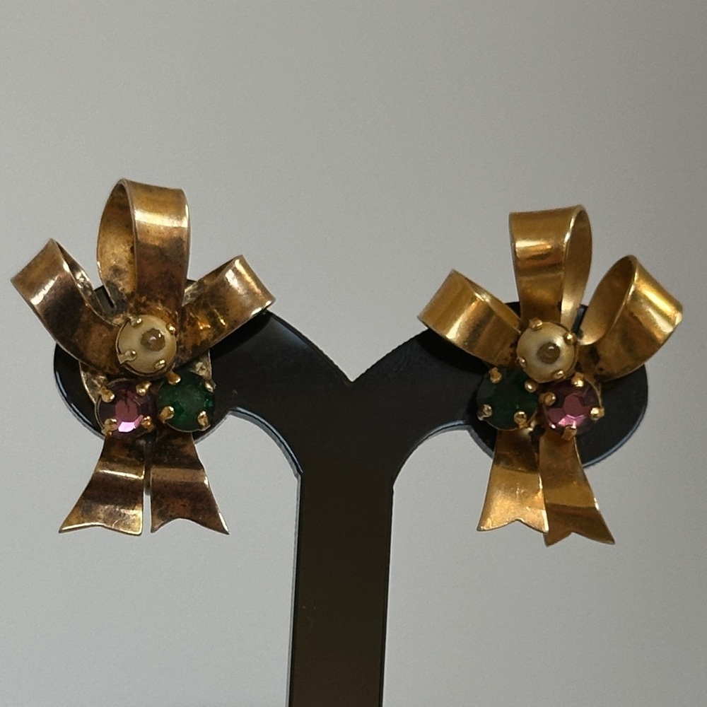 Vintage sterling Gold Bow Earrings with Gem Accents